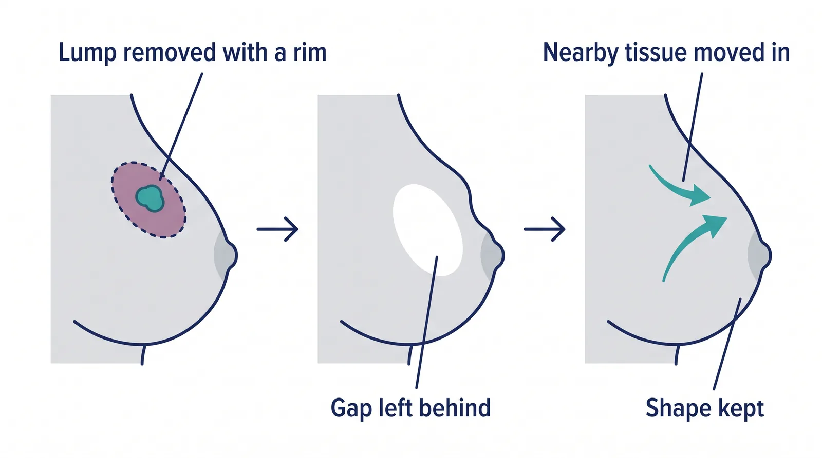 Oncoplastic breast surgery in three steps: the lump is removed with a rim of normal tissue, a gap is left, and nearby breast tissue is moved in so the shape is kept